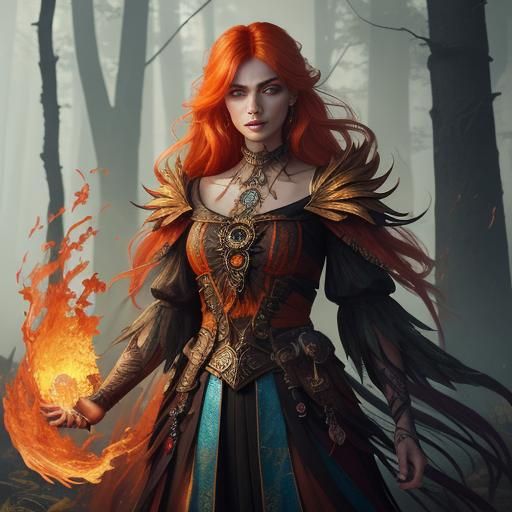 Mystical Girl with Fire Hair in Fantasy Forest