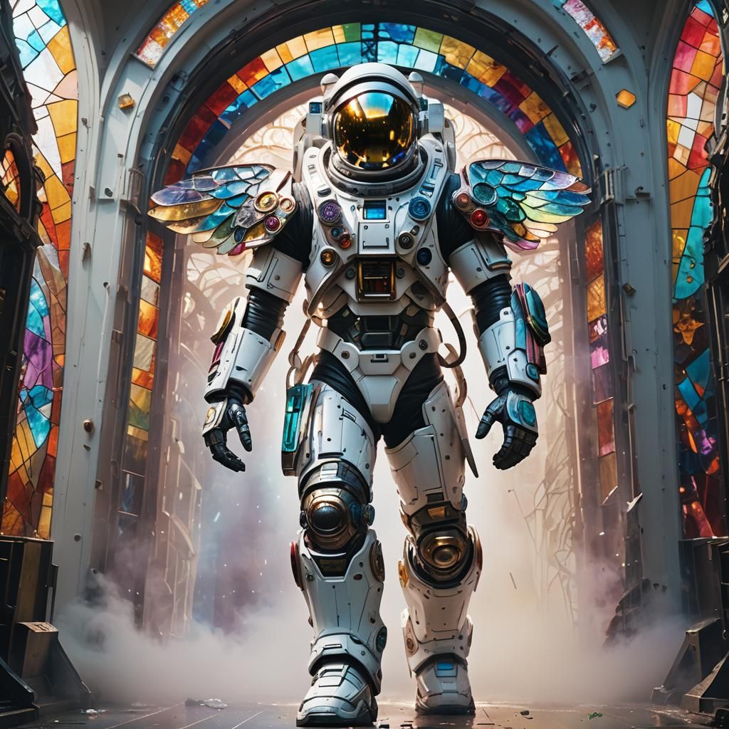 Biomechanical Astronaut with Stained Glass Wings