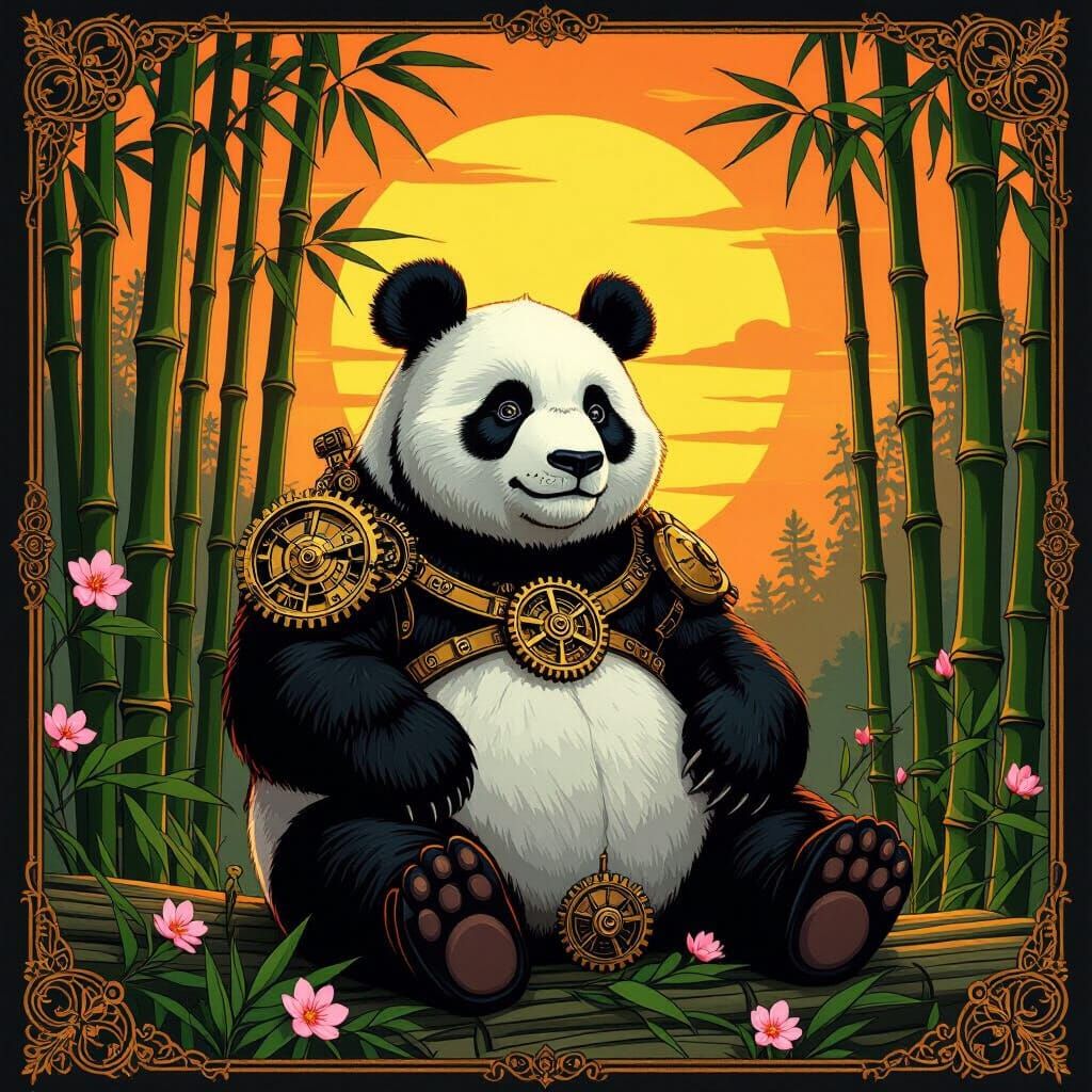 Steampunk Panda in Bamboo Forest, Vintage Poster Style