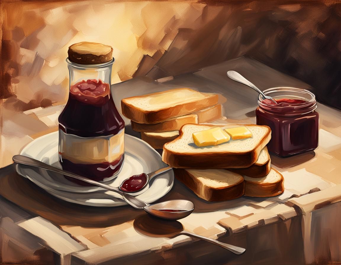 Sfumato Painting of Toast, Jam and Coffee