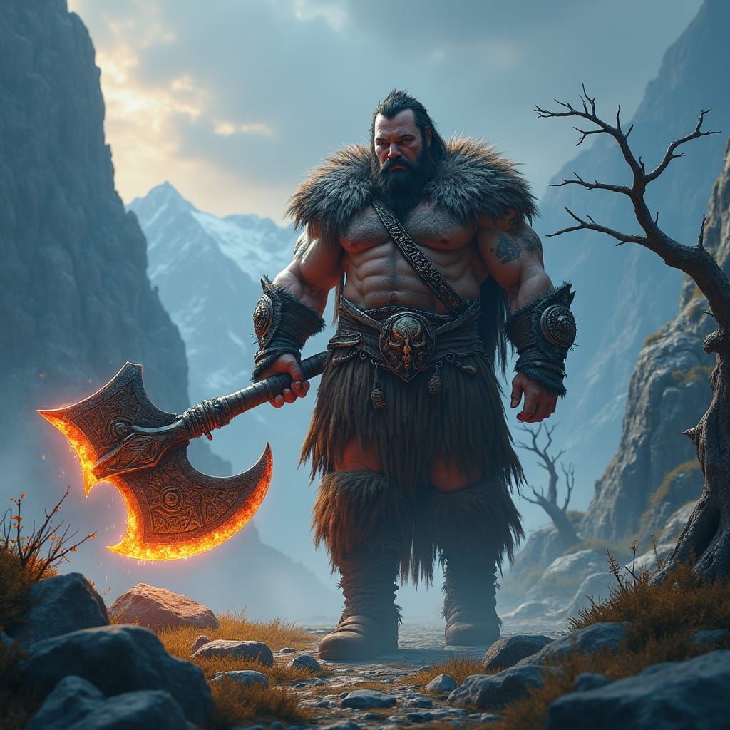 Barbarian Warrior Drags Runed Axe in Mystic Landscape