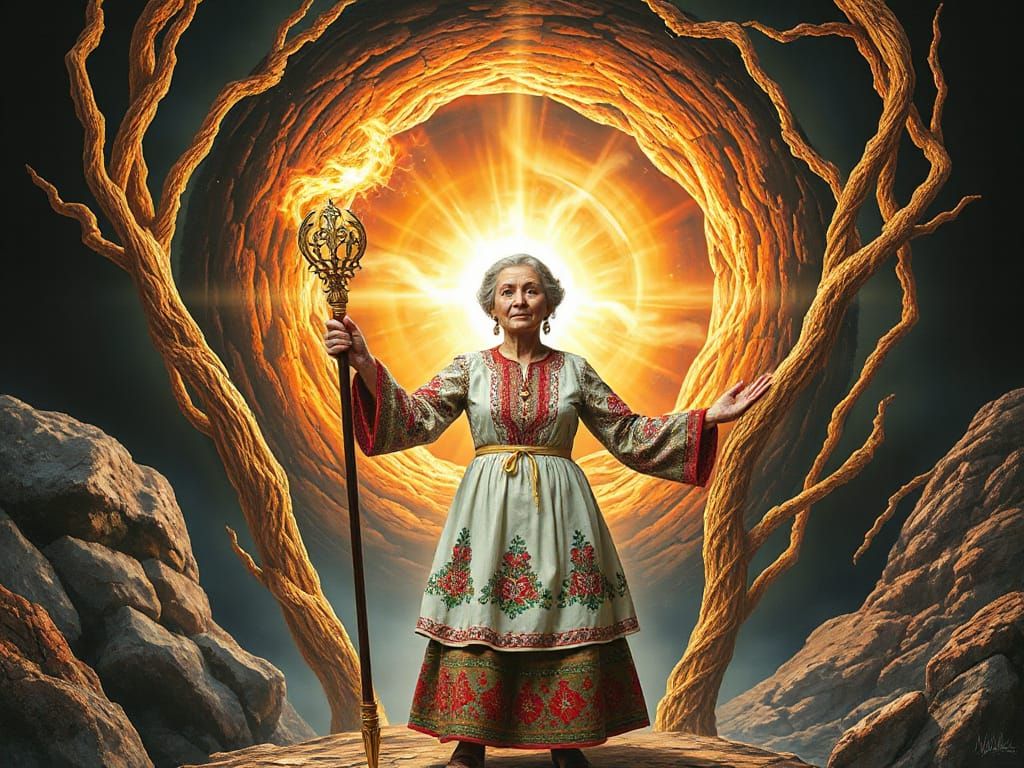 Ukrainian Woman Guardian of the Portal in Folk Art Style