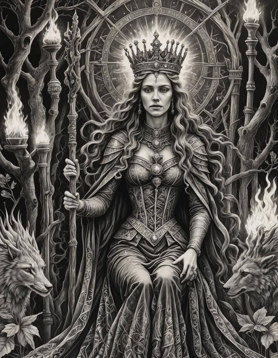 Tarot Queen of Wands Charcoal Drawing