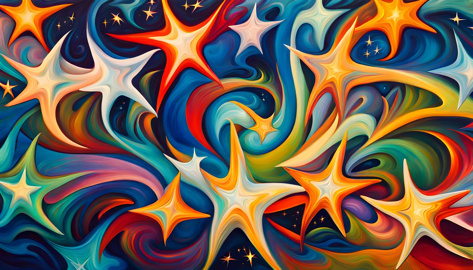 Iridescent Stars in Abstract Expressionist Cosmic Swirls