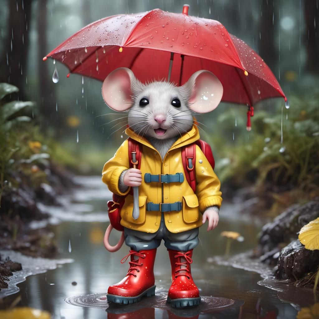 Mouse in Yellow Boots Stands in Rainy Forest