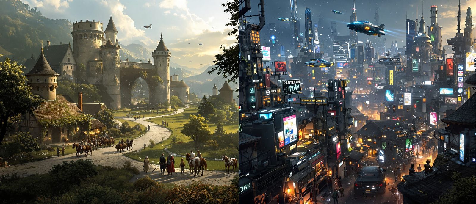 Medieval Village Meets Cyberpunk Cityscape