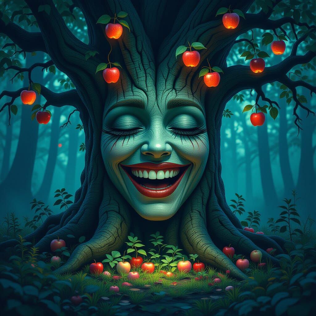 Surreal Tree with Luminous Apples, Digital Art