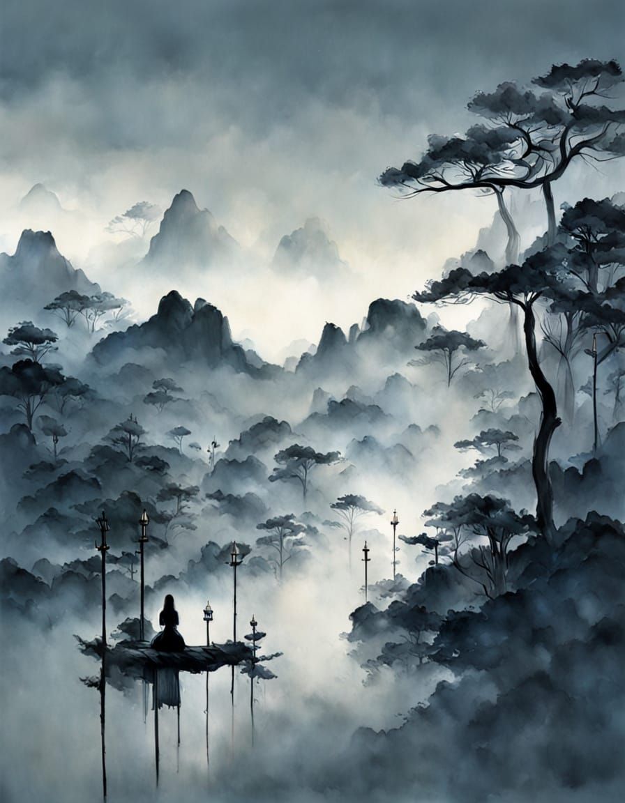 Serene Woman Meditating in Misty Forest as Chinese Ink Paint...
