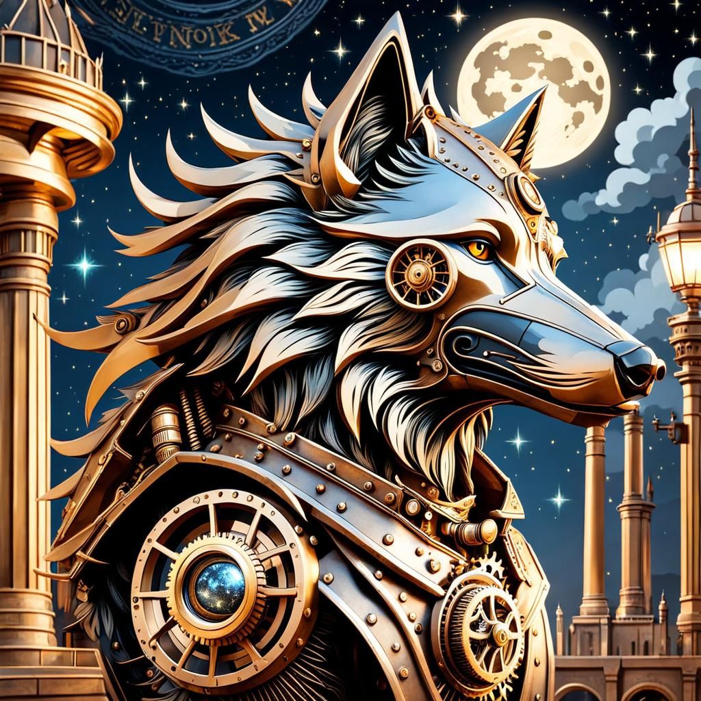 Steampunk Wolf Under Starry Roman Sky