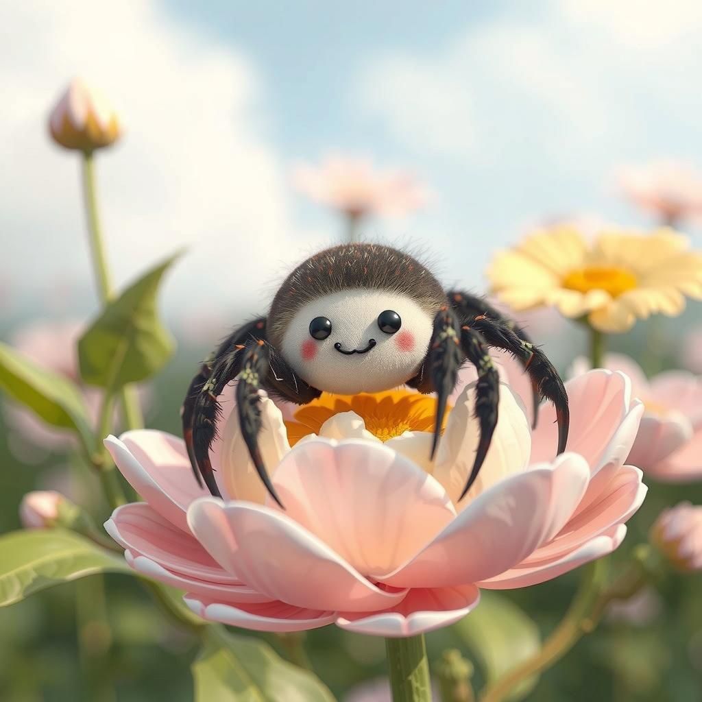 Chibi Fuzzy Spider on Flower, Anime Style