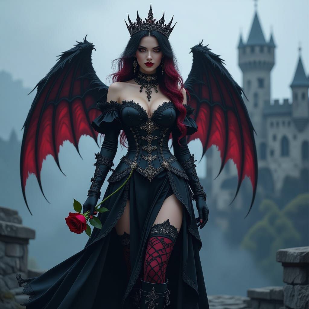 Gothic Goddess with Dark Wings and Red Rose