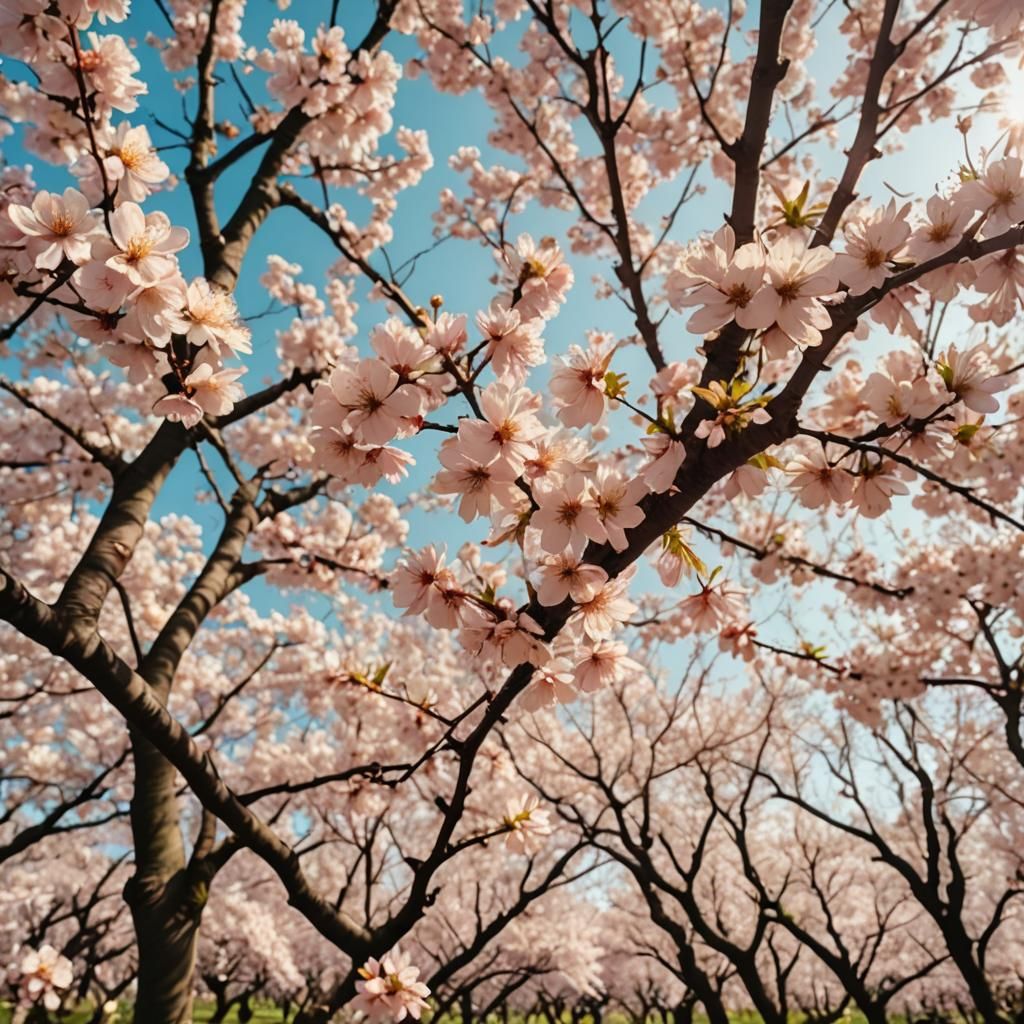 Majestic Cherry Blossom Orchard in Dreamy Pastel Hues
