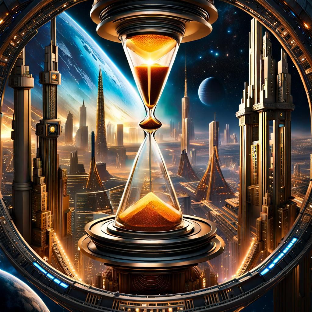 Cyberpunk Metropolis in Hourglass, Splash Art Style