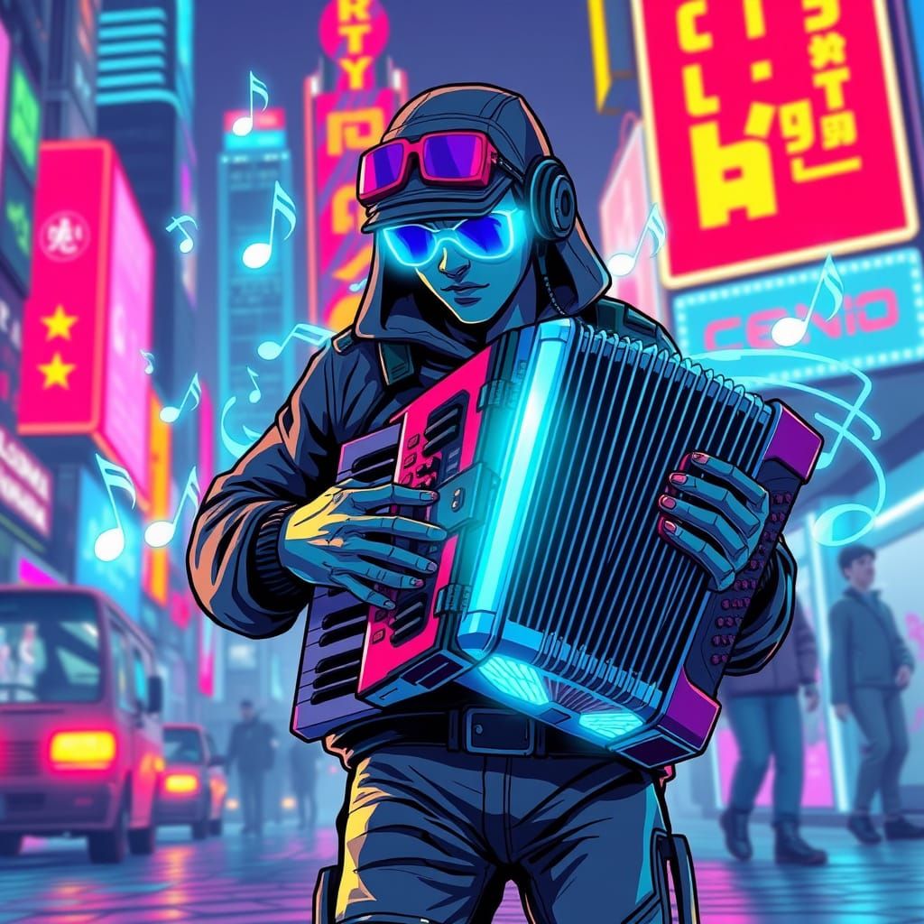 Cyberpunk Accordionist in Neon Hues