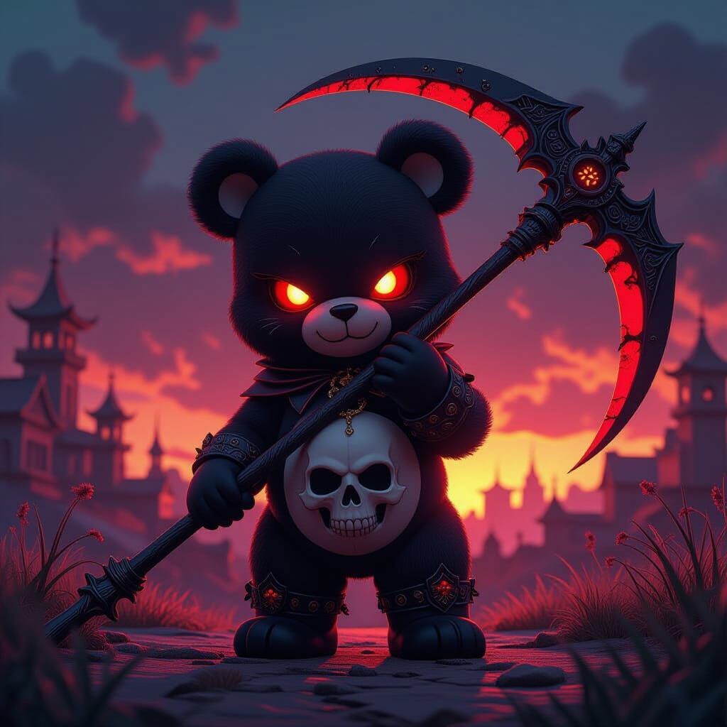 Gothic Care Bear with Scythe in Hellish Landscape
