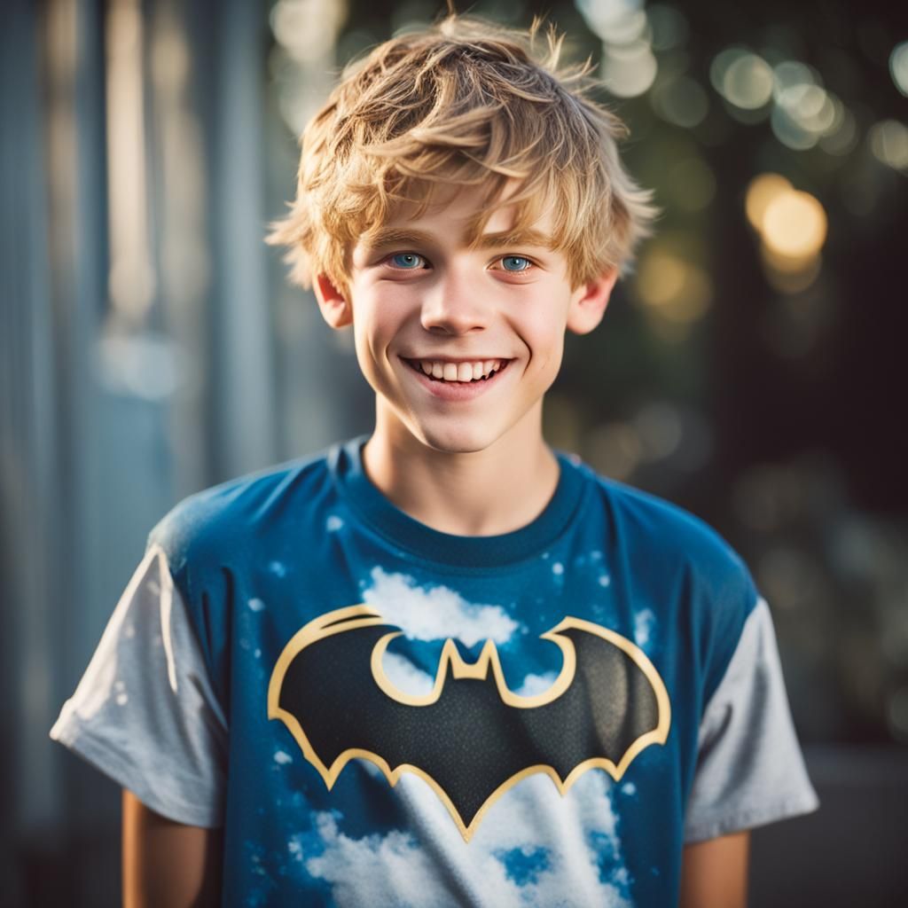 Boy with Blond Hair and Batman T-Shirt