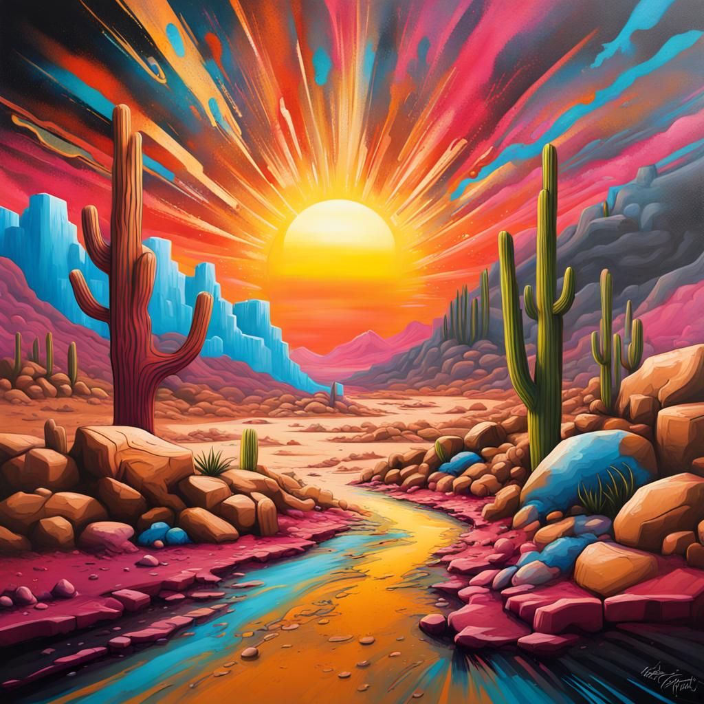 Graffiti Art Desert Sunrise in Polychromatic Colors