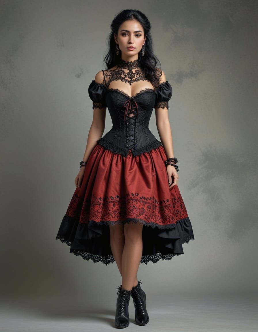 Gothic Mexican Woman in Crimson Embroidered Dress