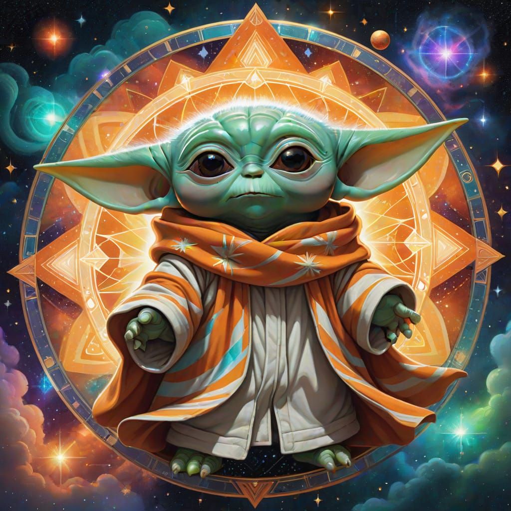 Grogu's Cosmic Revelation in Vibrant, Swirling Galaxy