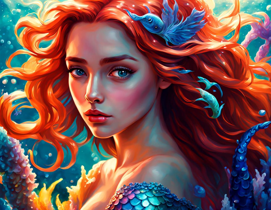 Vibrant Ariel in Whimsical Underwater Oil Painting