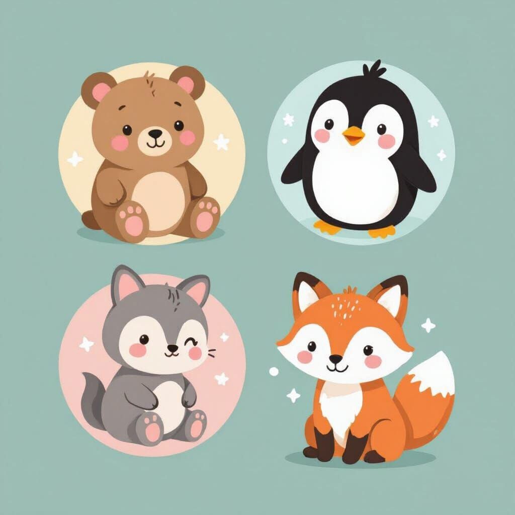 Cute Pastel Animal Logos: Bear, Penguin, Fox