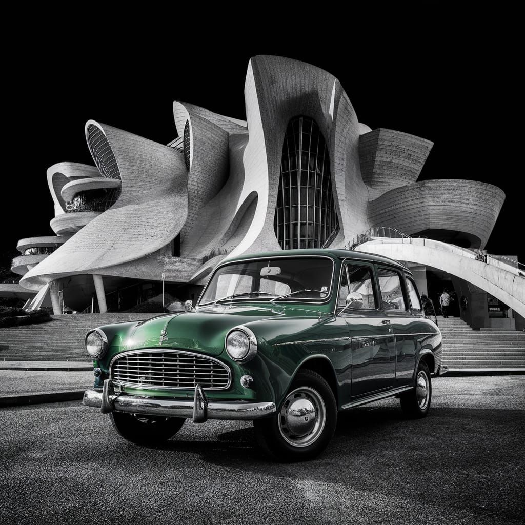Green Hindustan Ambassador with Futuristic Architecture