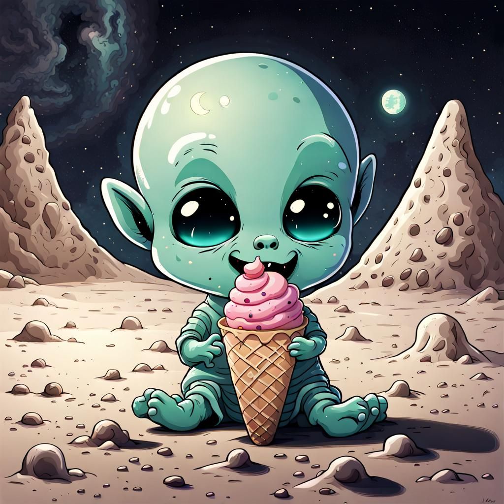 Alien Child on the Moon Enjoys Ice Cream