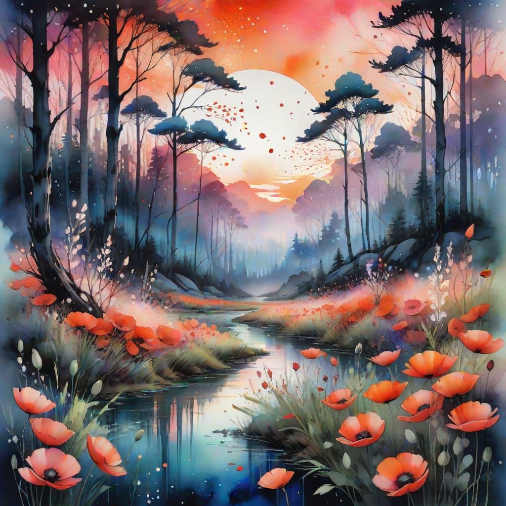 Dreamy Poppies in Ethereal Forest, Watercolor Art