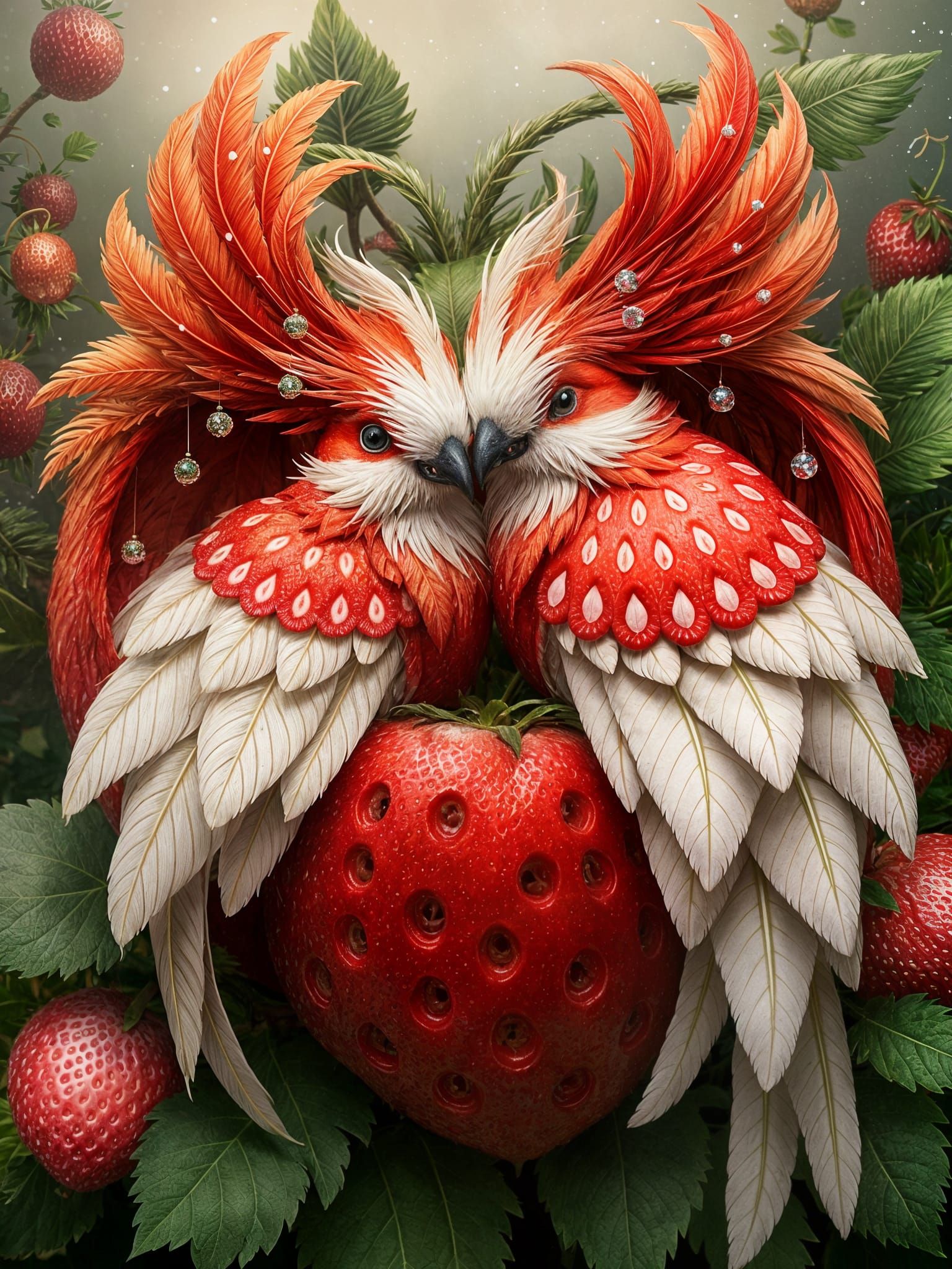 Enchanting Fantasy Birds Nesting in Strawberry