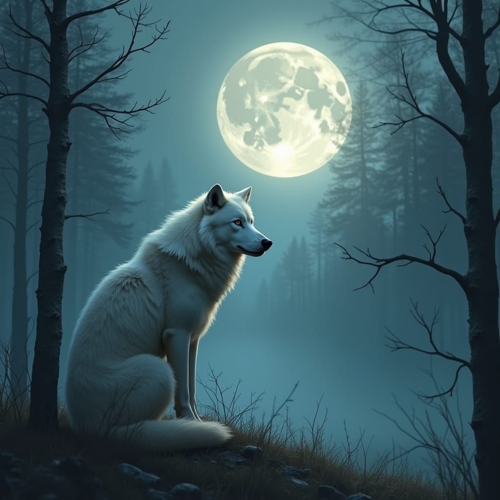 White Wolf Gazing at Moon in Atmospheric Style