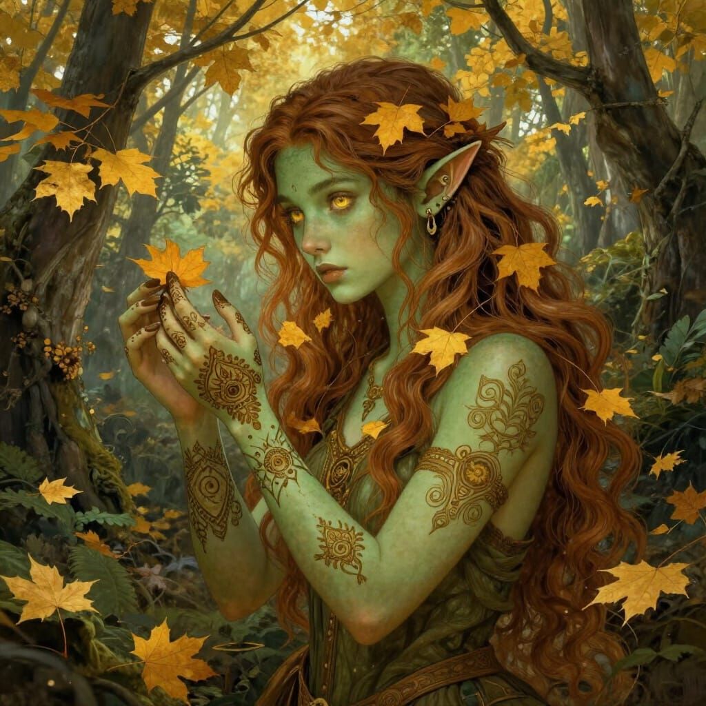 Autumn Dryad Druid Healing Forest Creatures in Ethereal Ligh...