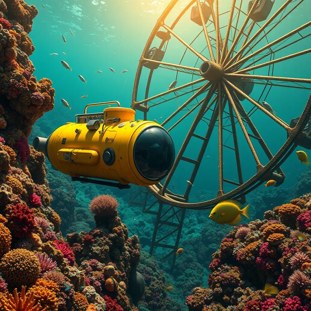 Submersible Explores Coral Reef with Sunken Ferris Wheel