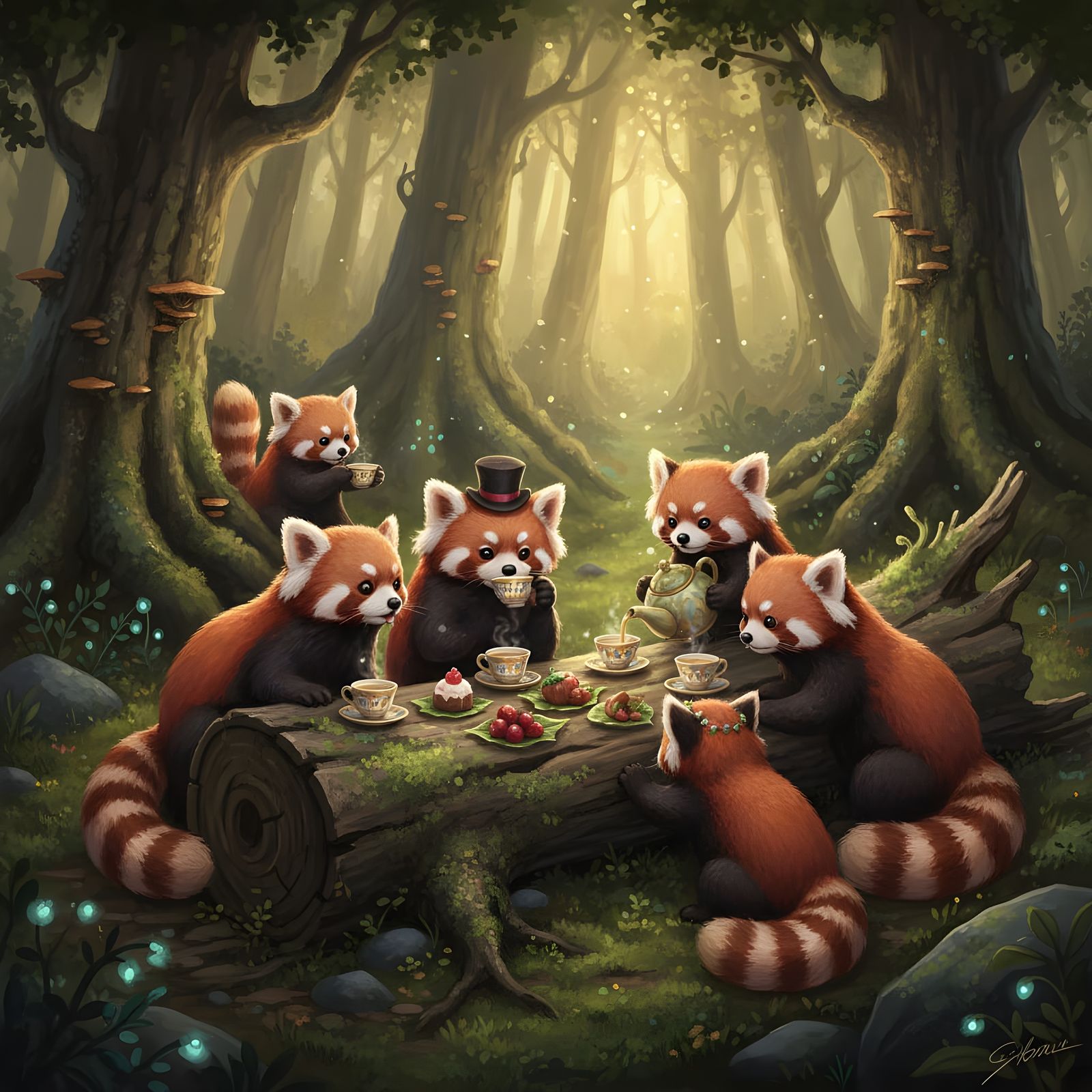 Red Pandas Tea Party in Enchanted Forest