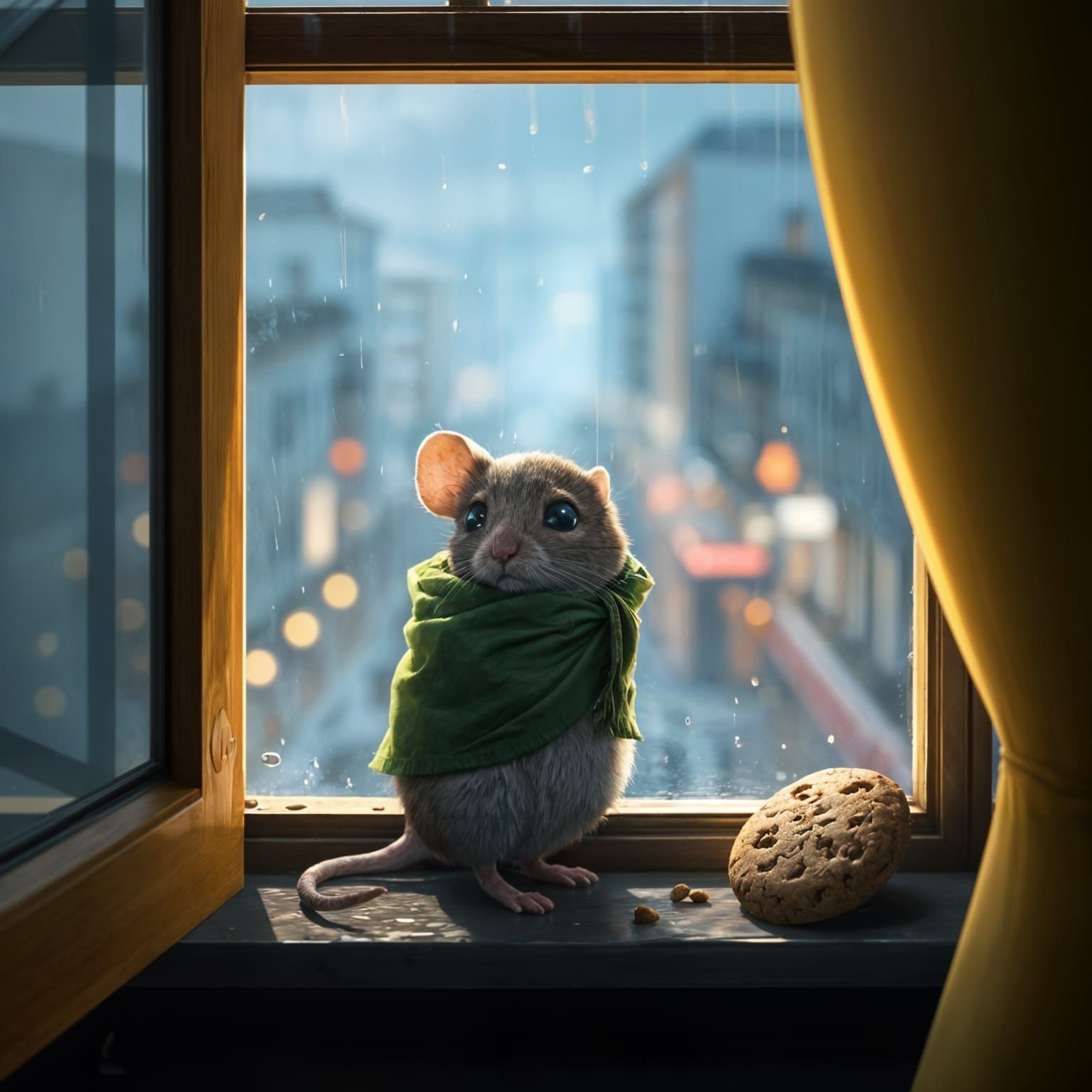 Mouse in Rainy Window: 3D Anime Art