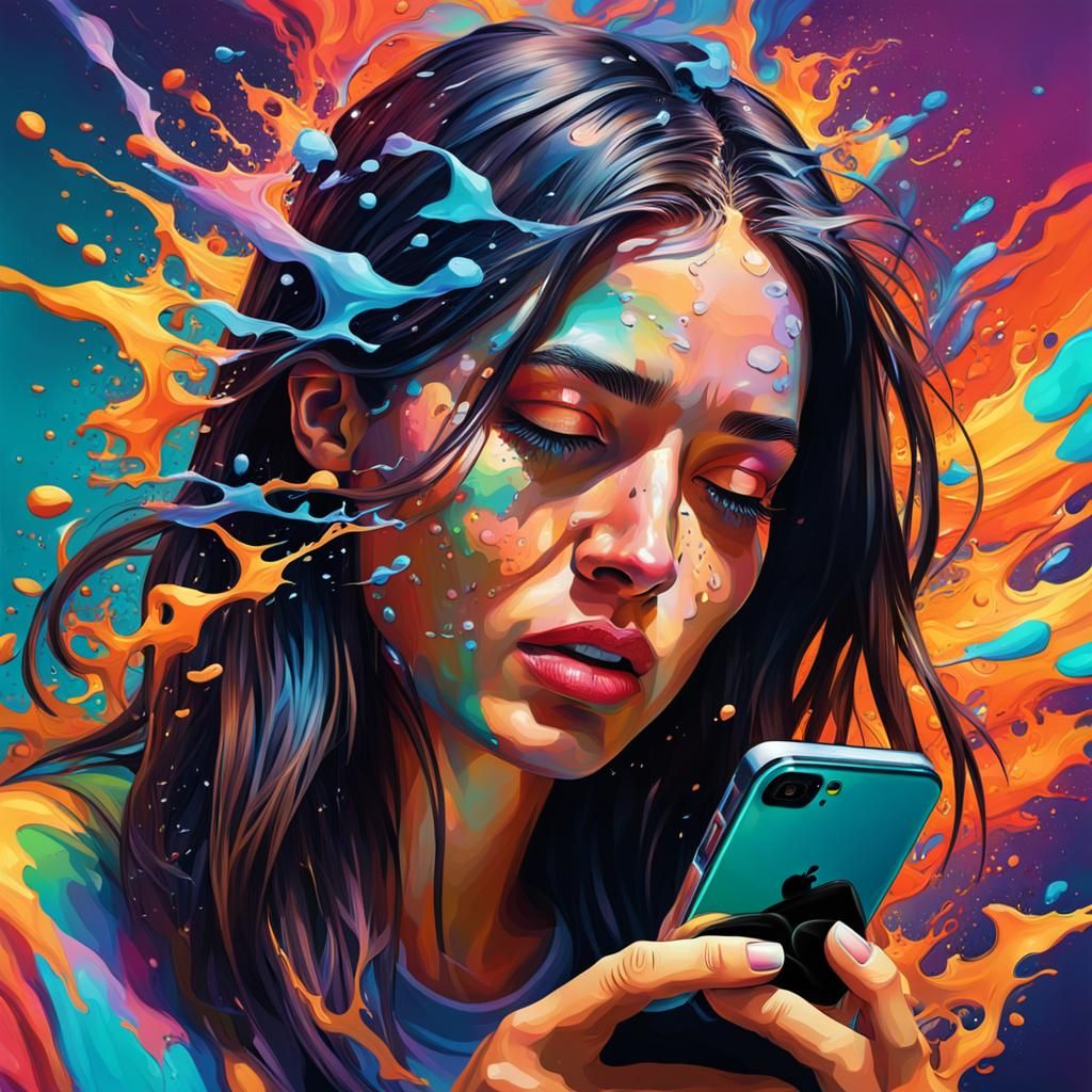 Abstract Hyperrealistic Girl Addicted to Phone