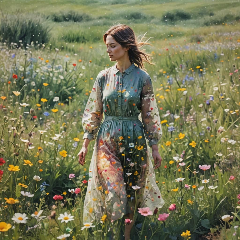 Woman in Wildflower Field: Mixed Media Double Exposure