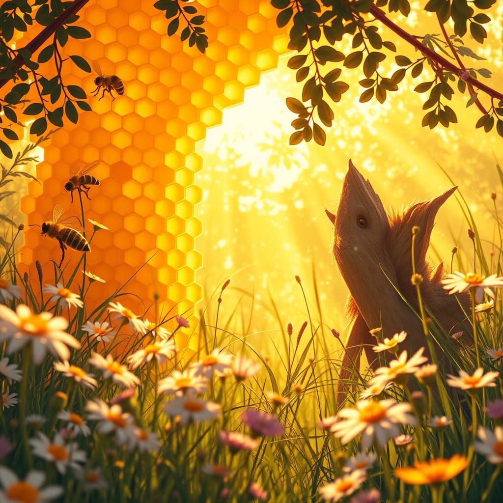 Vibrant Honeycomb in a Lush Meadow Landscape