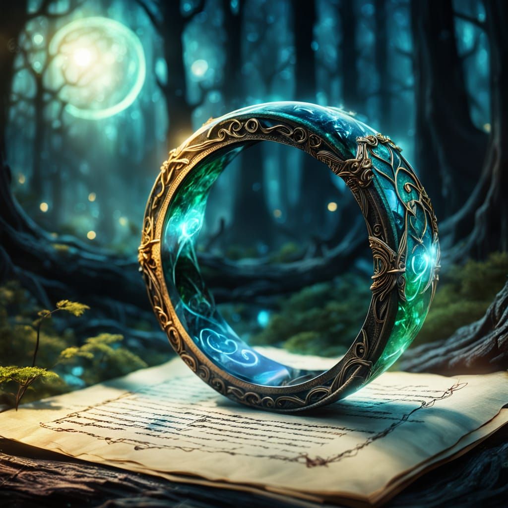 Elven Resin Ring with Luminescent Glow on Parchment
