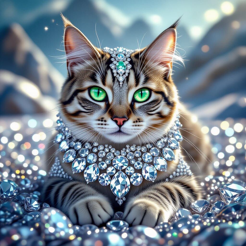 Diamond Cat with Emerald Eyes: Hyperrealistic 8K