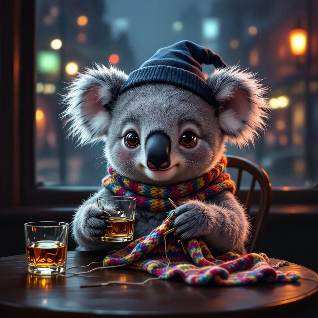 Wise Koala Granny Enjoys Whiskey and Knitting