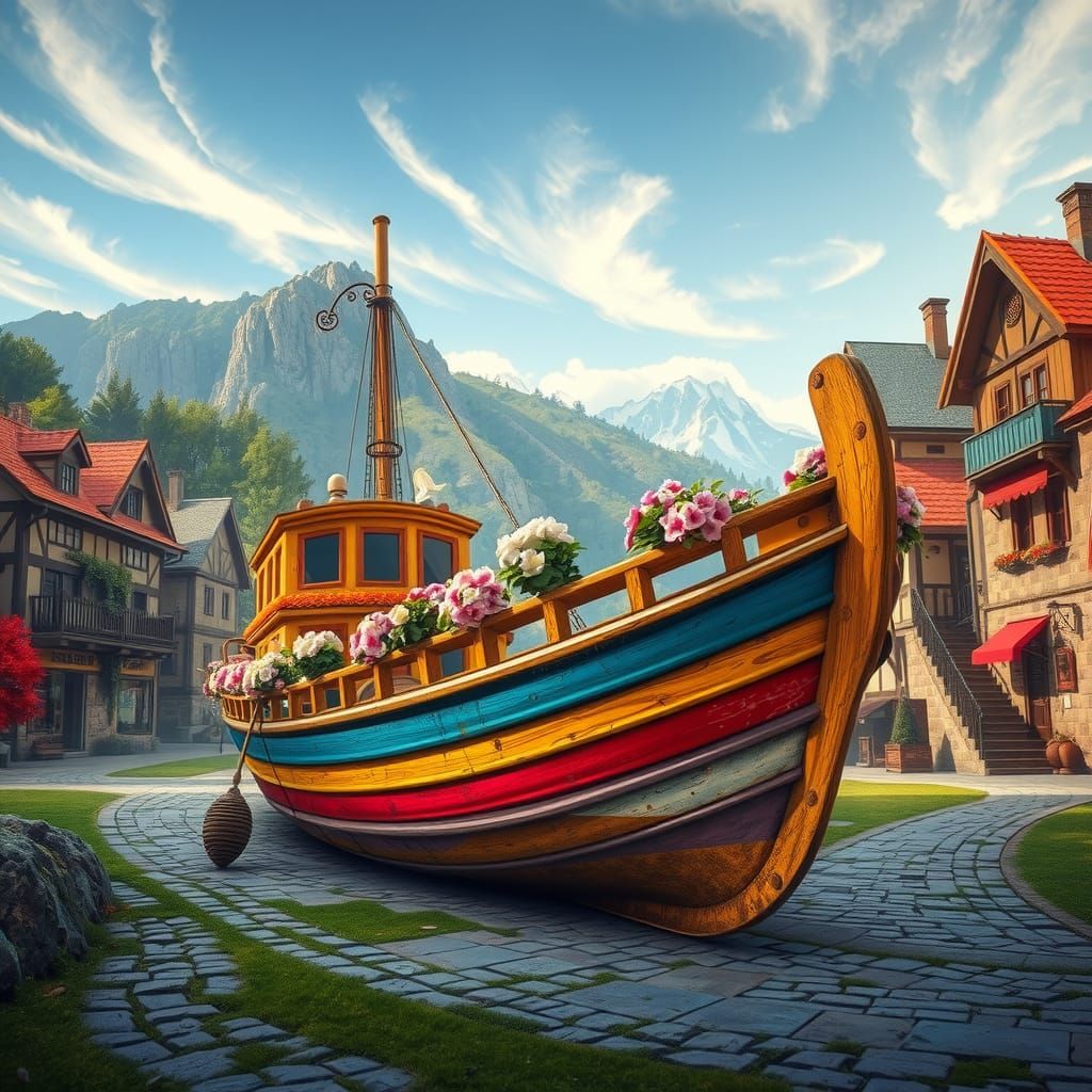 Rainbow Boat in Mountain Village, Hyperrealistic Matte Paint...