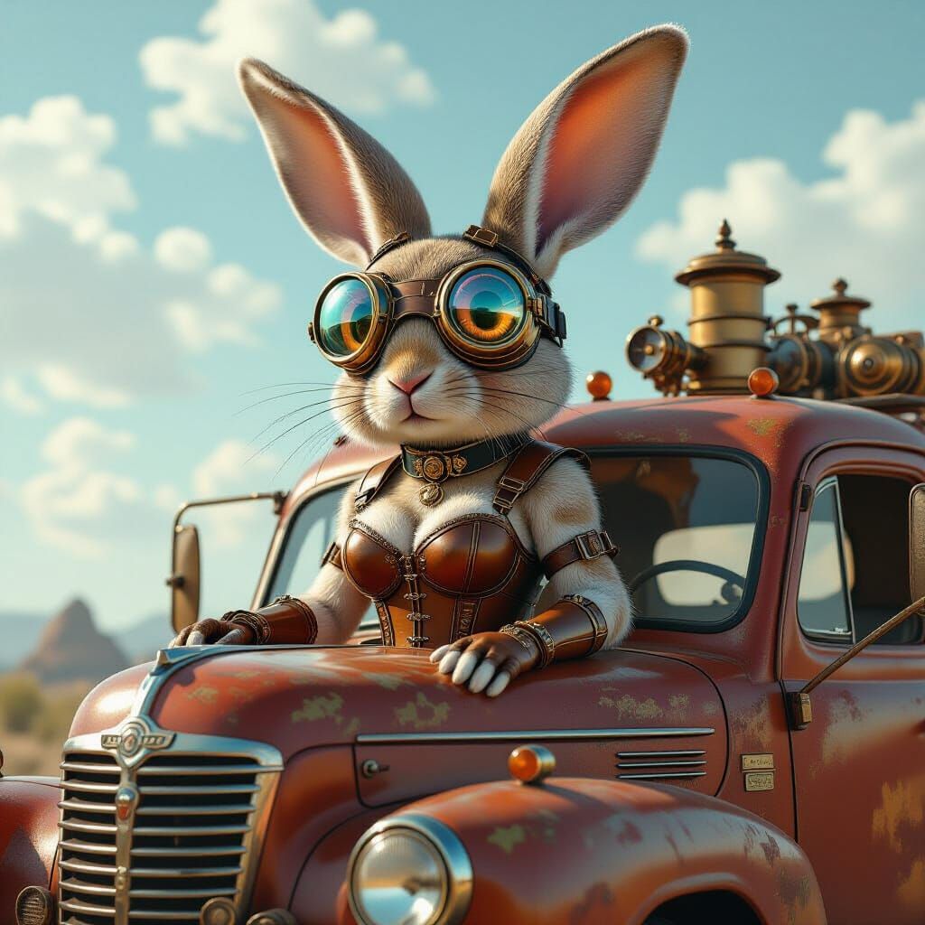 Surreal Steampunk Rabbit on Vintage Truck