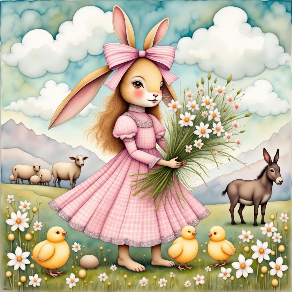 Whimsical Easter Scene with Adorable Gingham Rabbit
