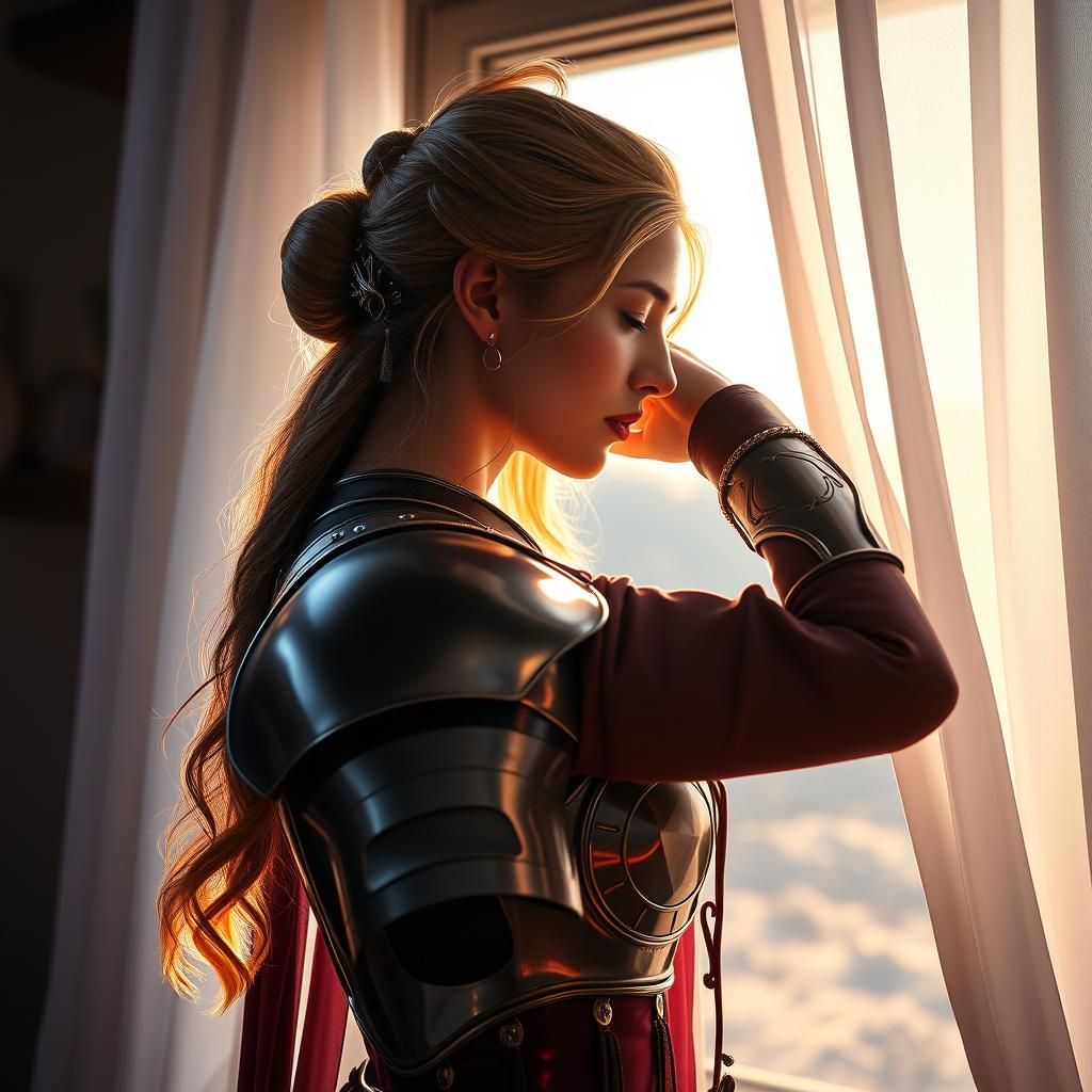 Armored Woman in Morning Light: Photorealistic Portrait