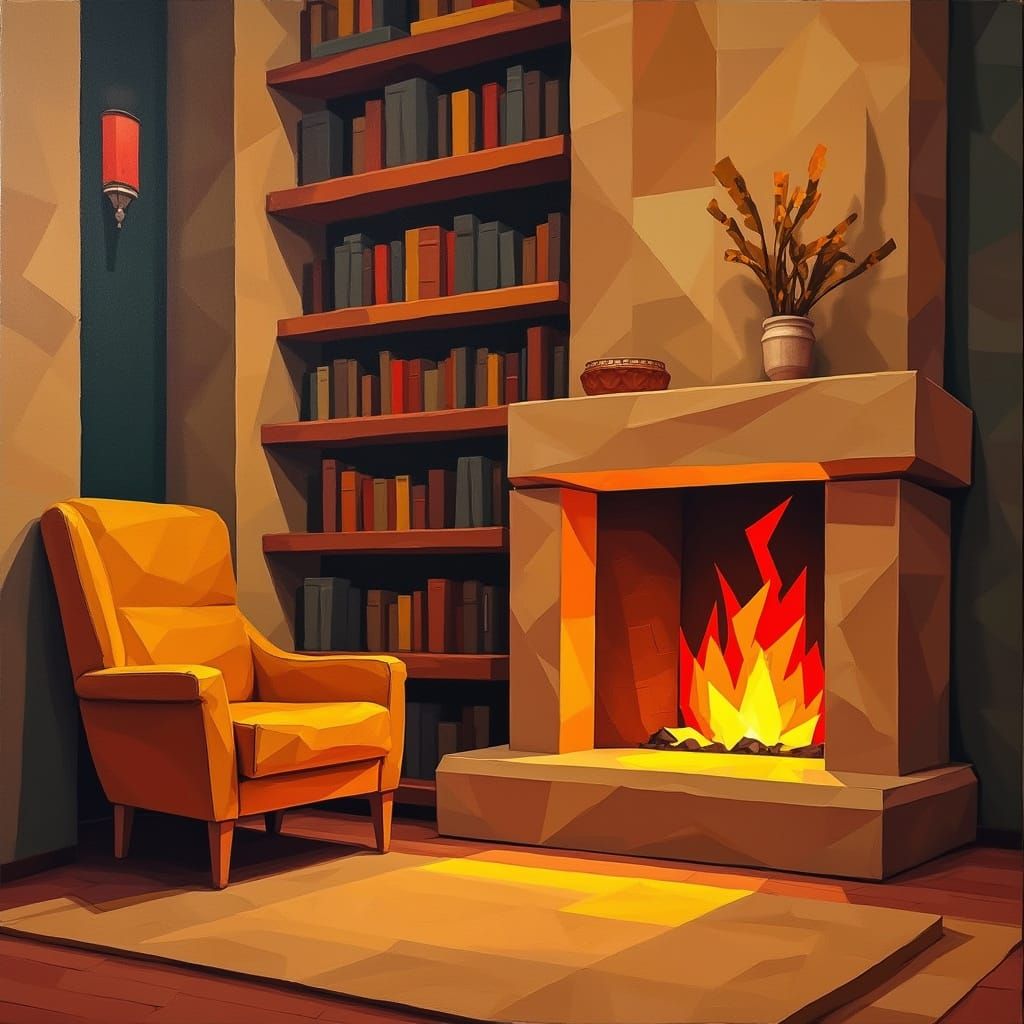 Cubist Library Corner with Geometric Fireplace