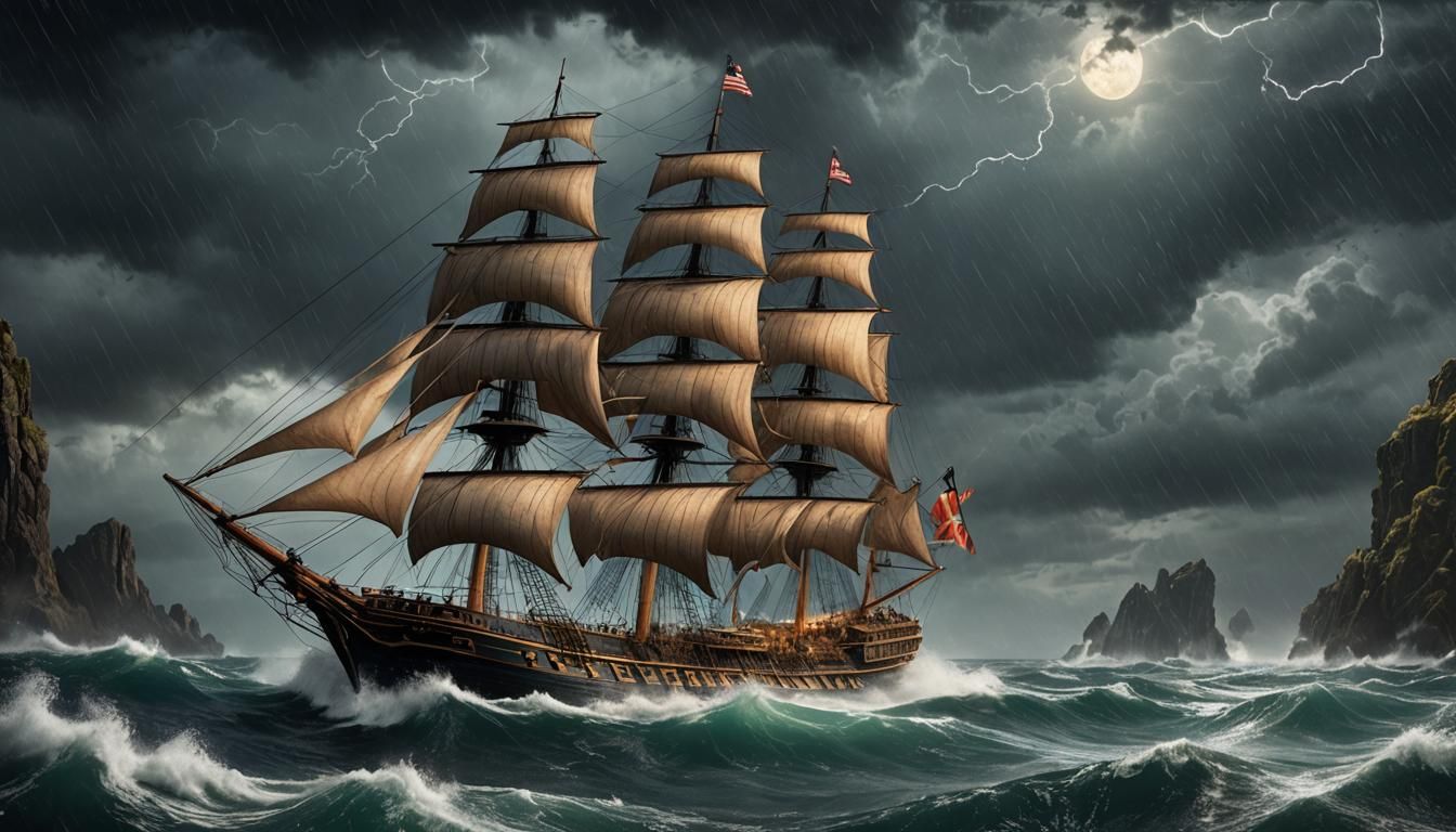 Victorian Clipper Ship Sails Through Stormy Night