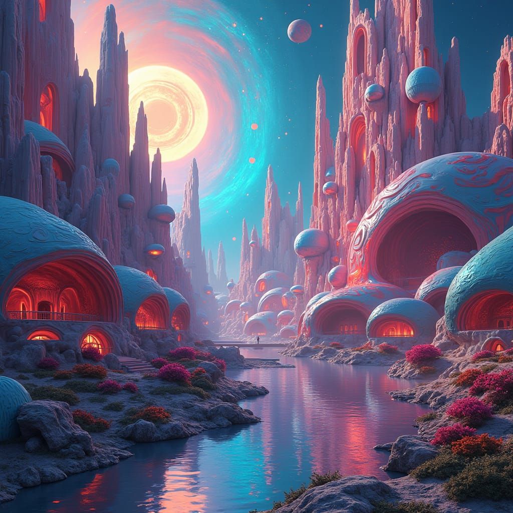 Vibrant Alien Cityscape in Dreamlike 3D Rendering