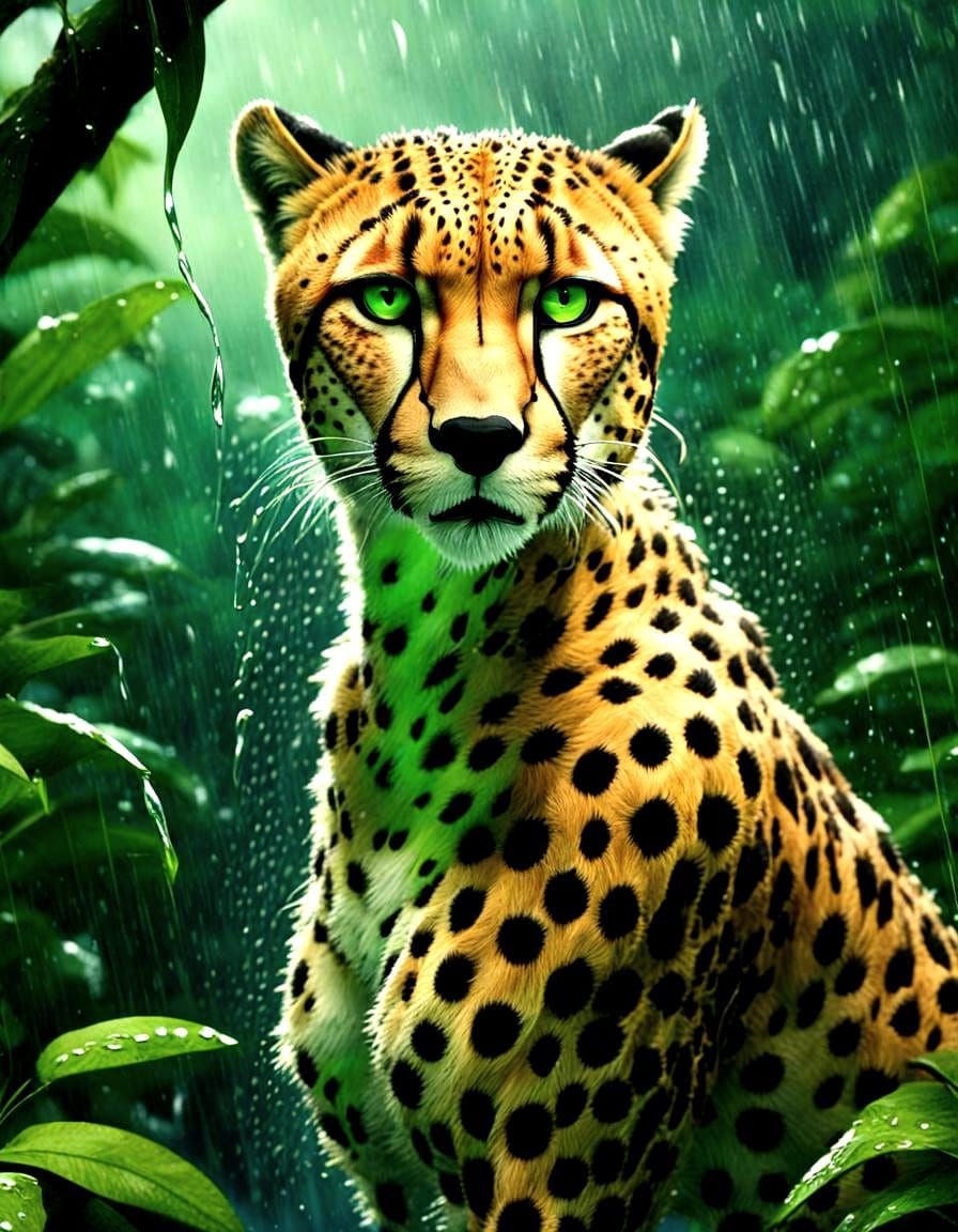 A Cheetah Goddess Leaps Through a Rainforest Paradise