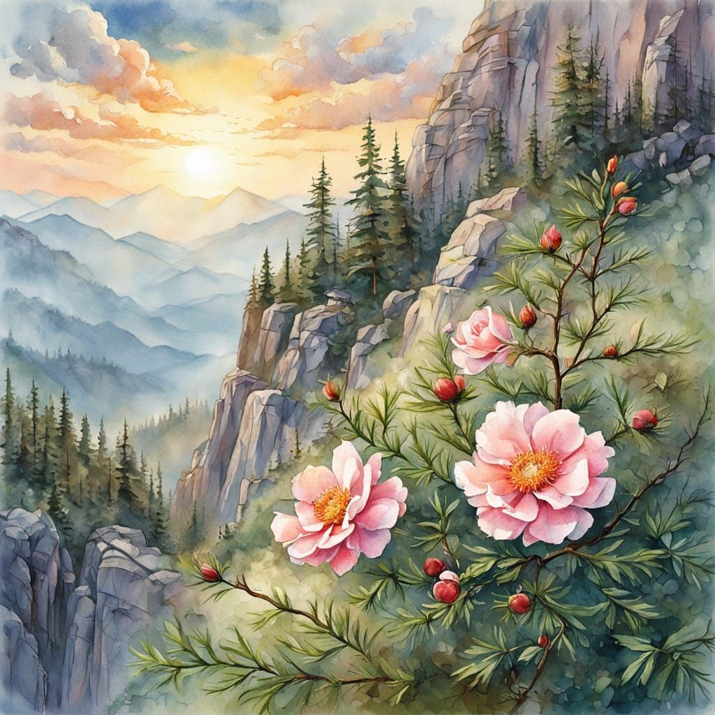 Panoramic Sunrise in Majestic Mountains with Manchurian Pine...