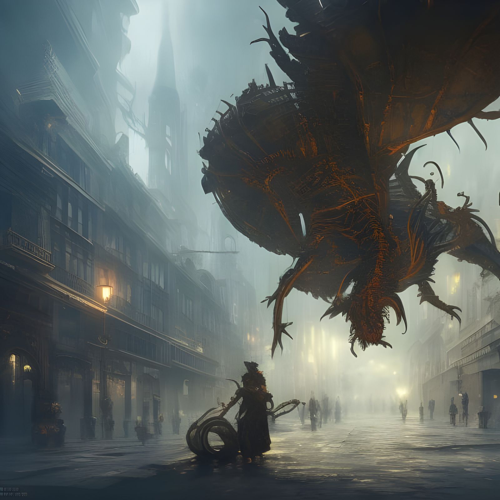 Steampunk Lizard Magi in Hyper-Realistic Cityscape